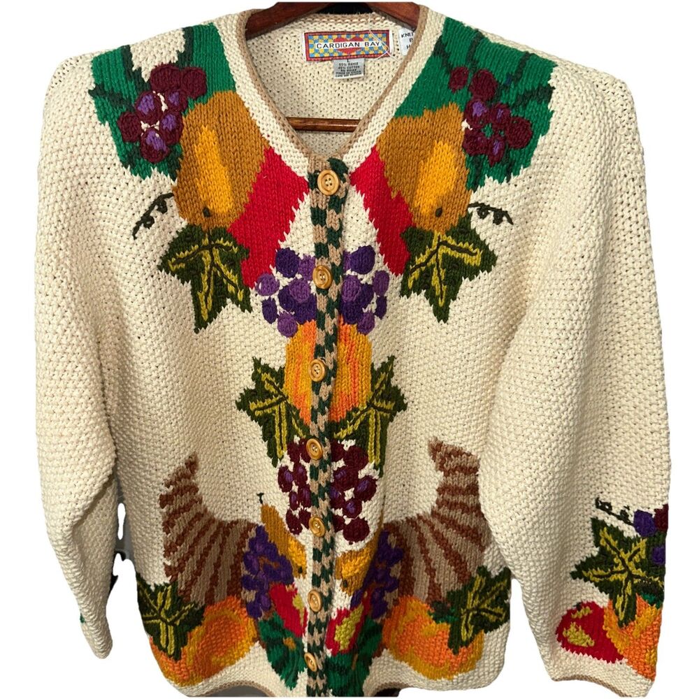 VINTAGE CARDIGAN BAY HAND KNITTED BUTTON FRONT FALL HARVEST SWEATER Large